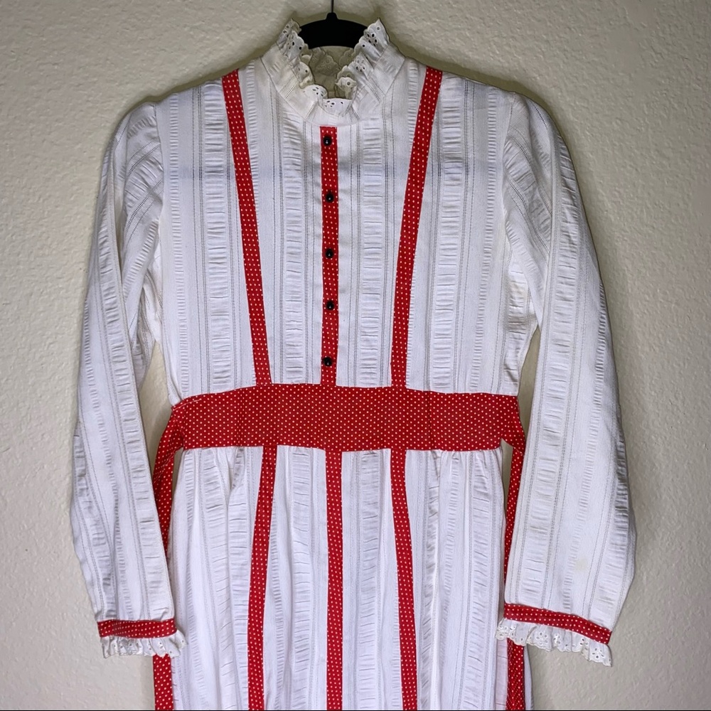 Vintage 1970 Handmade White and Red Maxi Dress